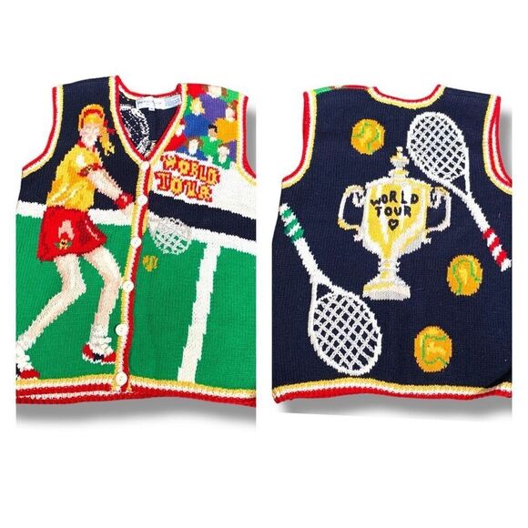 Vintage 90s The Eagle’s Eye Tennis World Tour Knit Printed Sweater Vest Vneck - Picture 1 of 9